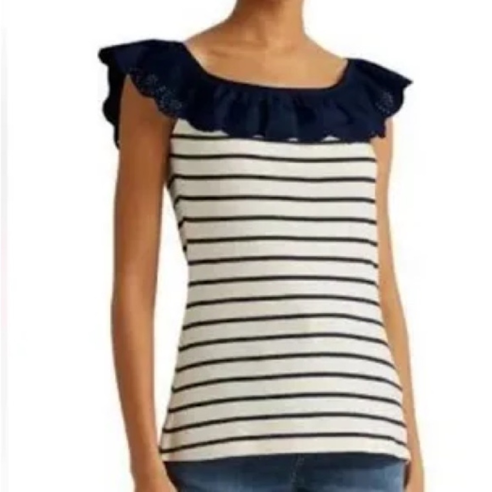 Lauren Ralph Lauren Women's Striped Eyelet Ruffle Top size medium